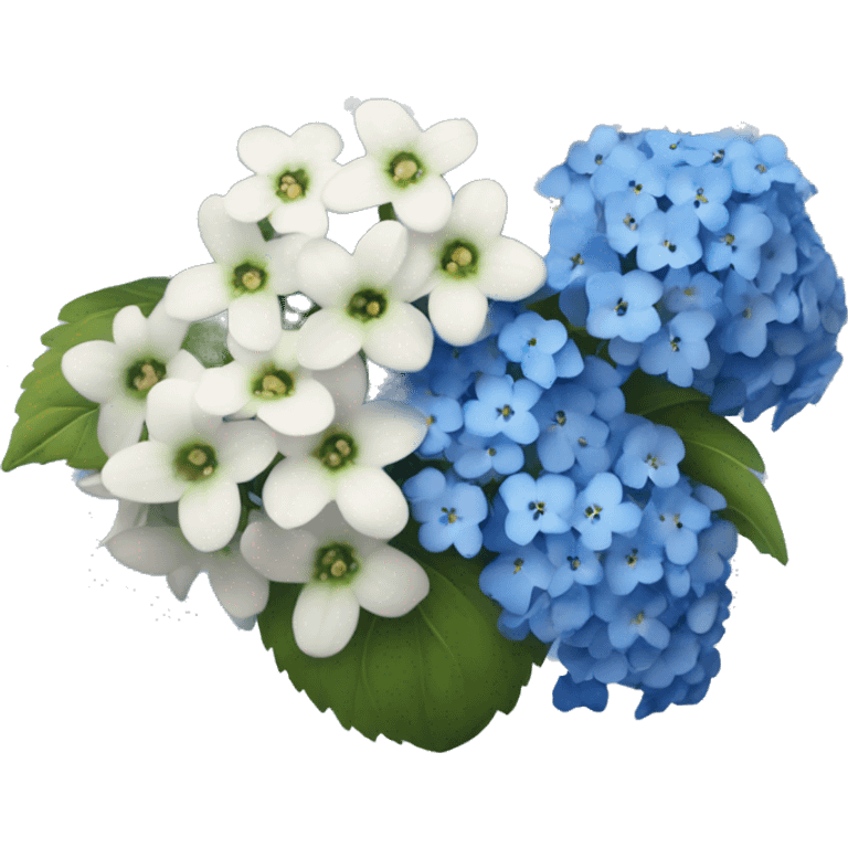 extremely detailed bouquet of baby breaths, delphiniums, forget me nots, and blue hydrangeas  emoji