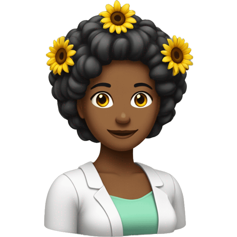 Mujer blanca, pelo negro, farmaceutica, sin lentes, pelo lacio hasta los hombros, con diadema de colores, gabacha con logo de girasol emoji