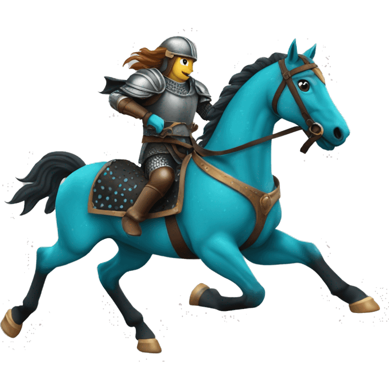 Chestnut and black speckled horse running galloping wearing blue and cyan armour  emoji