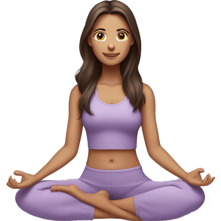 Brunette long hair and brown eyes yoga beautiful girl in light purple clothes sitting on a yoga mat emoji