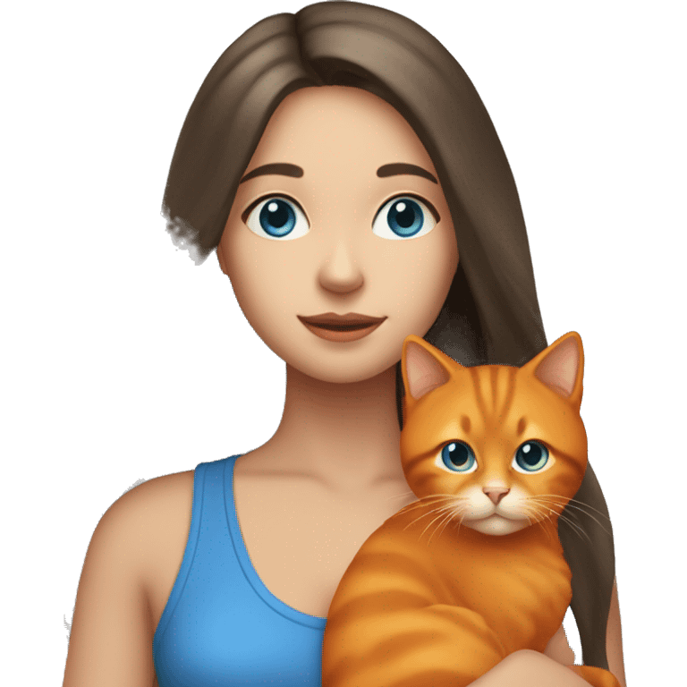 long hair brunette girl with blue eyes holding an orange cat emoji