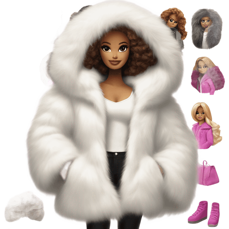 Barbie in an extremely big fluffy oversized white fur coat with hood on. The fur is real and it’s very obvious big and fluffy like in Pinterest  emoji