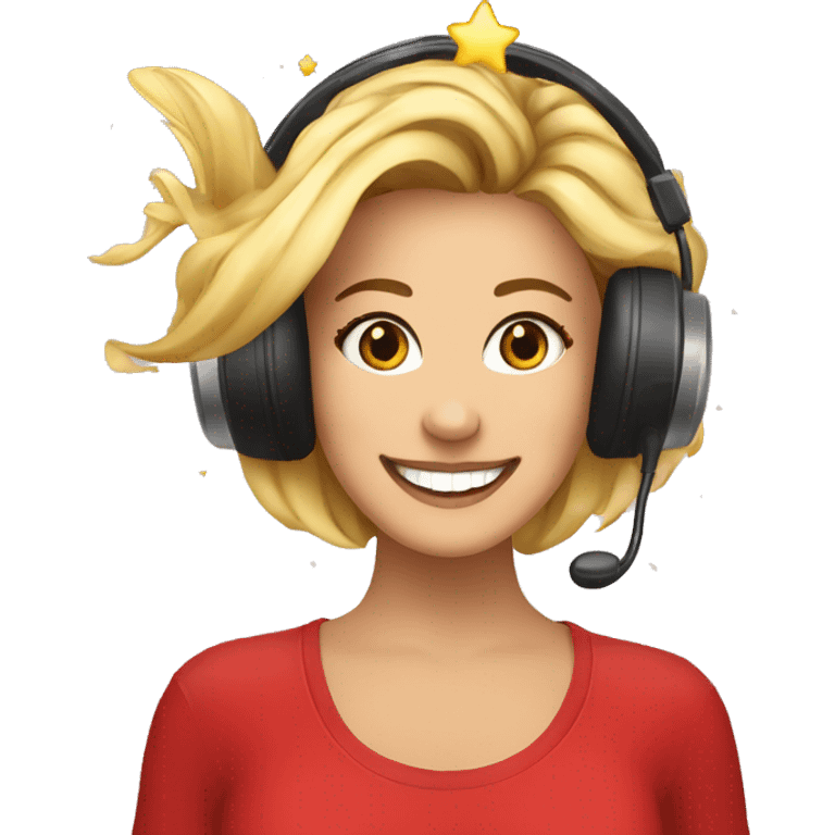 A radio DJ with sparkles on her face and stars in her hair. She is smiling and wearing a t shirt with a tuna fish on and red shoes emoji