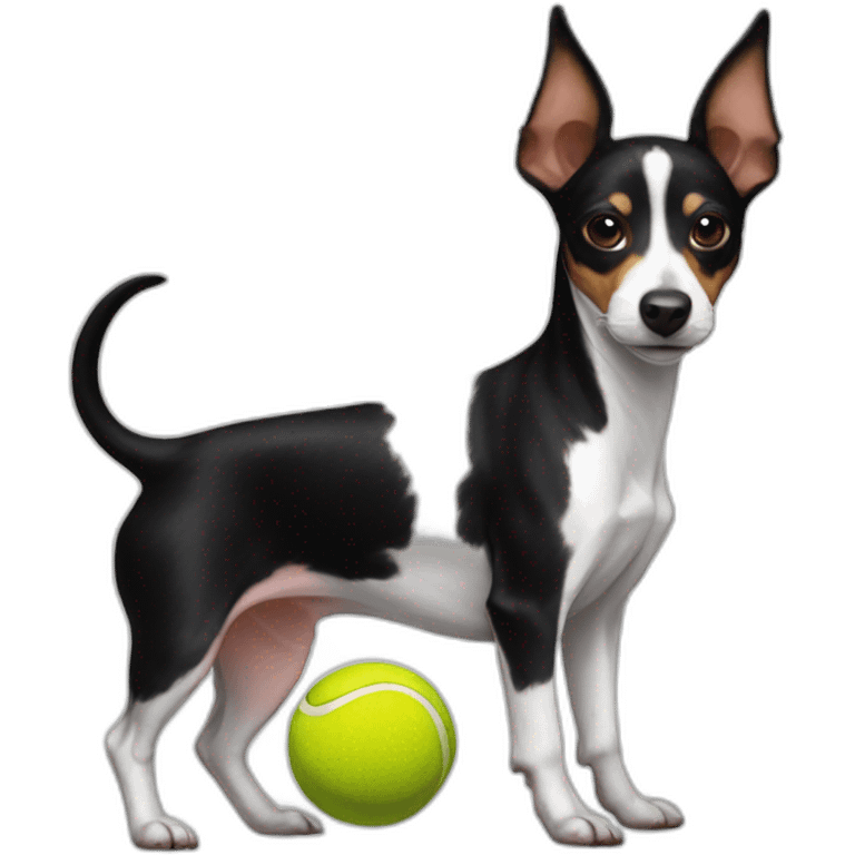 rat terrier colored like a black and white cow with tennis ball emoji