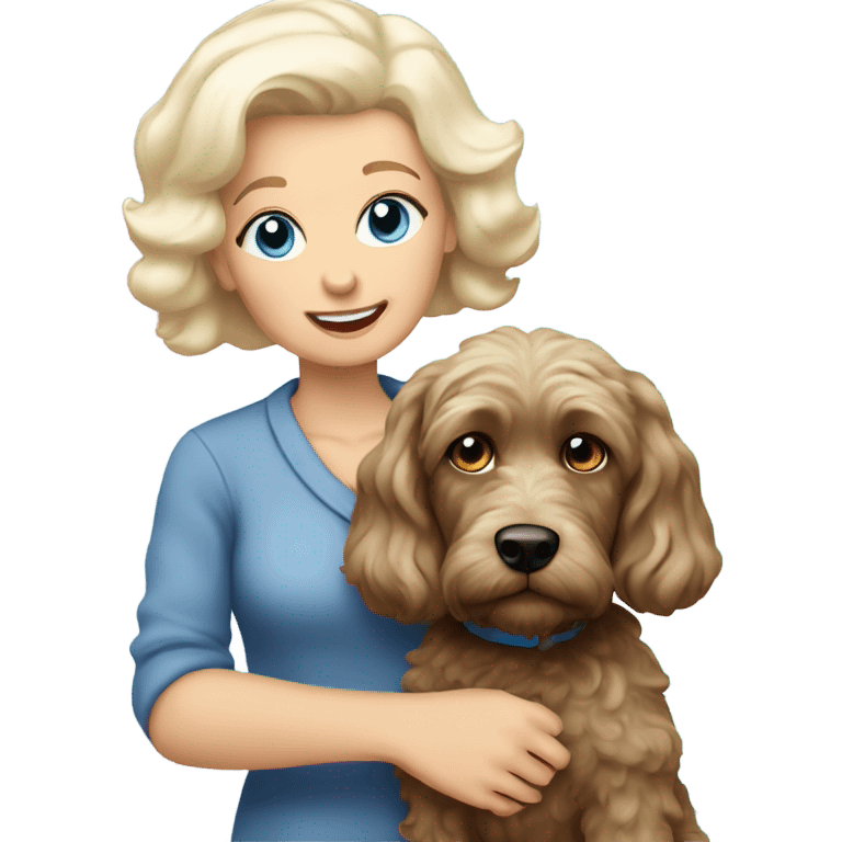 blue eyed old blonde lady with dark brown Cockapoo puppy dog emoji