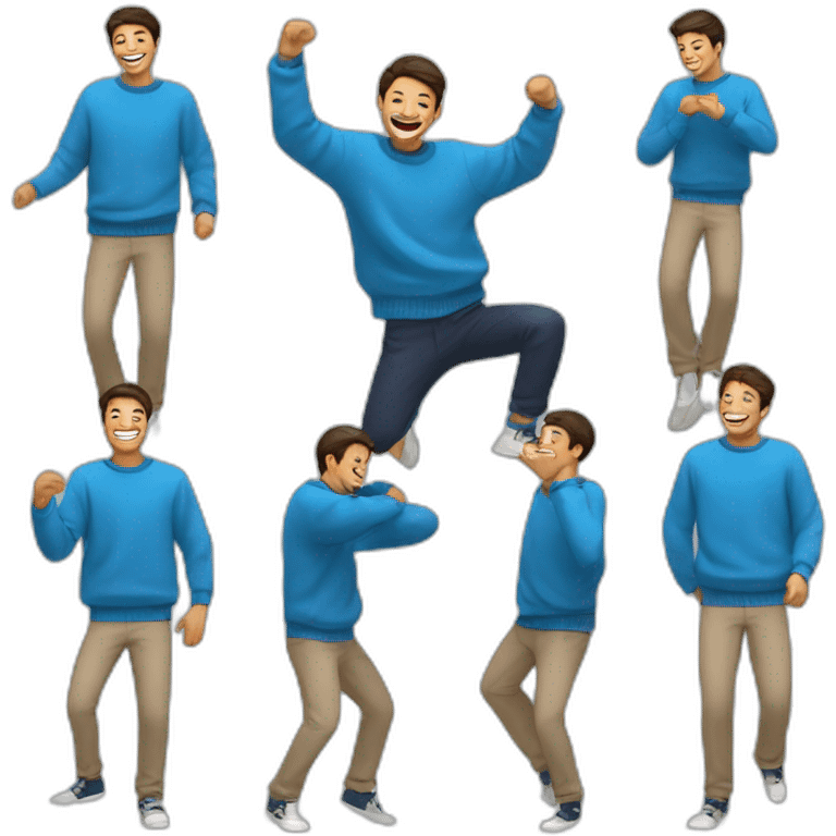 blue sweater with smiling guy full body enjoy slasa dance  emoji