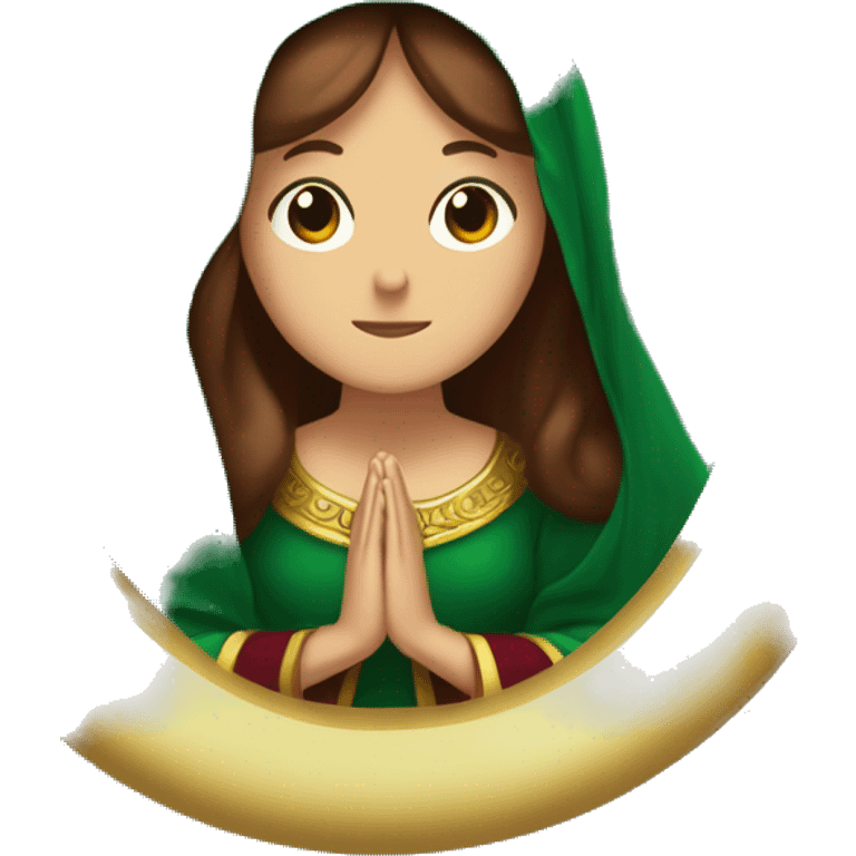 Virgin Mary: kind face looking down at the left, long brown hair, Wearing an emerald green  robe with gold stars and a burgundy red dress,  Hands in prayer or blessing. Halo around her head. standing on a crescent moon.  emoji