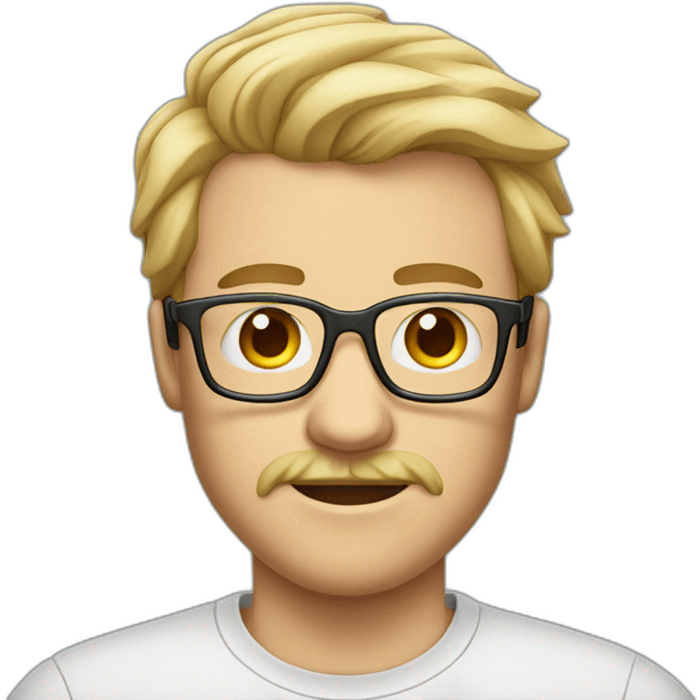 tall young blonde man with glasses and mustache and tshirt emoji