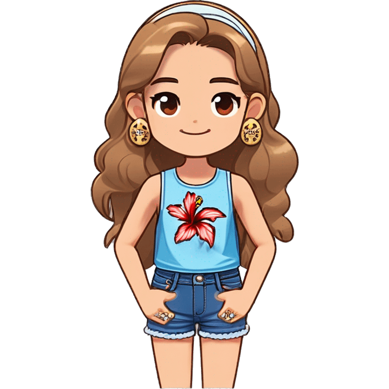 teen girl with light brown hair wearing a light blue and white tank top with lace and a pair of denim shorts. She has a hibiscus behind he right ear. She is wearing a gold chain around her neck, and little gold starfish earrings emoji