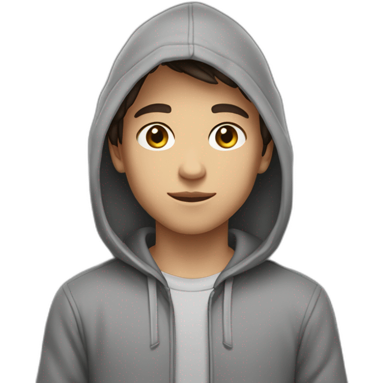 a 14 years boy , with a short dark brown hair , and brown eyes , and light skin , wearing a grey hoodie emoji