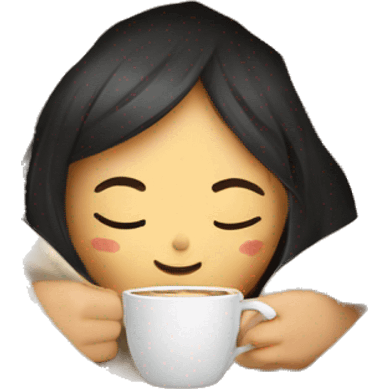 asian girl inside a blanket sipping coffee eyes closed emoji