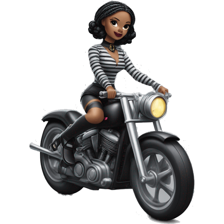 Jeffery New York Lingerie Barbie Wednesday Addams from academy in vertically striped gray and black outfit. riding a wheelie on a hot rod bike emoji