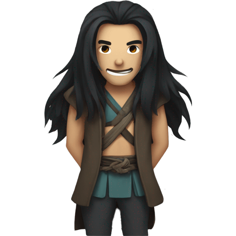 Men with Long Dark Hair and Oni Mask. Happy  emoji