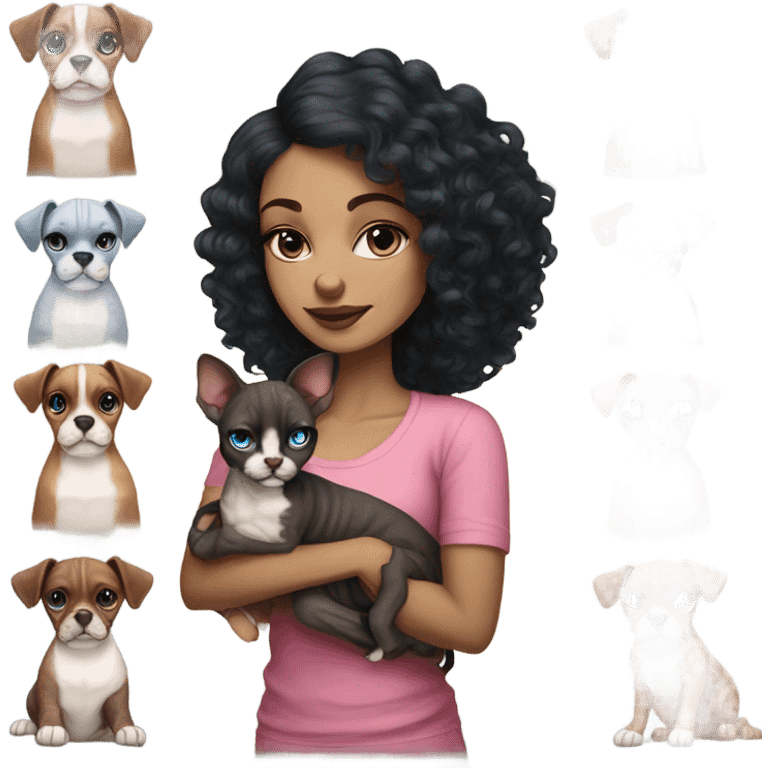 Beautiful tattooed curly dark brown haired woman holding a boxer dog and  pink sphinx cat with blue eyes emoji