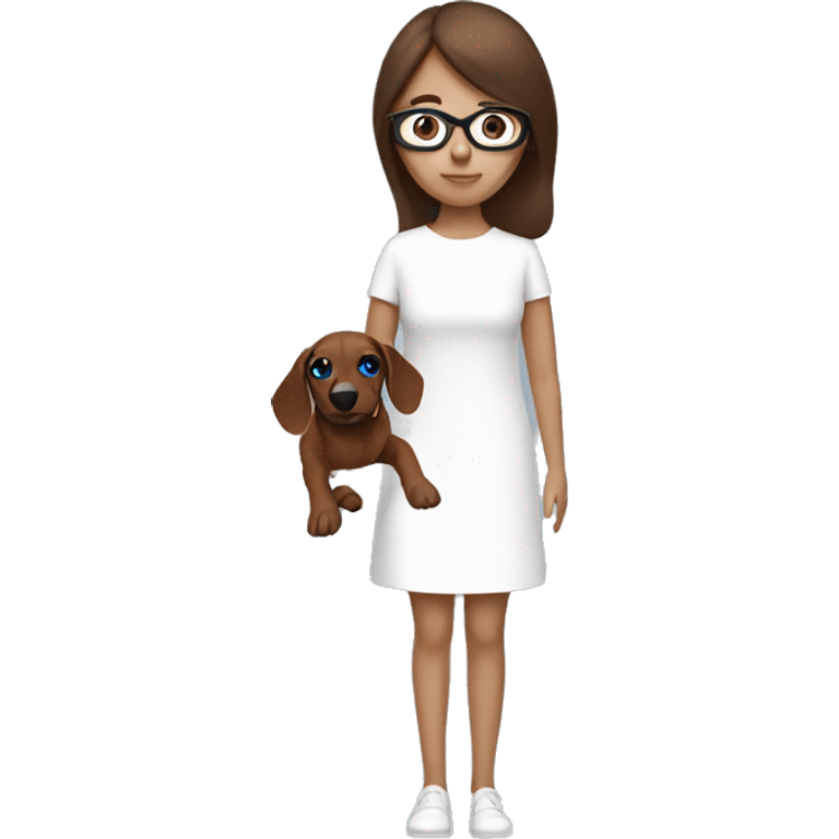 the brown hair girl with her blue eye wear a white minimal dress and her brown sausage dog emoji