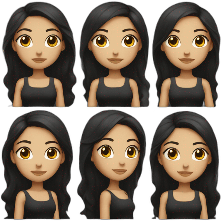 A girl not too white, not too brunette, with big straight black hair divided in the middle, with honey-colored eyes with a black dress with shine emoji