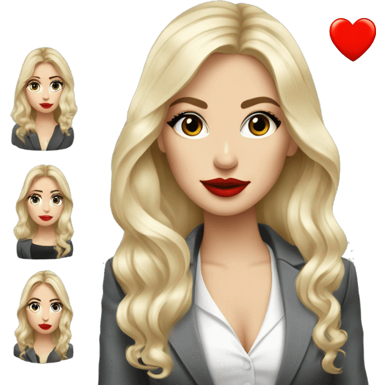 Russian Blonde long hair with red lips small nose and black eyes Tiffany diamond seller in a grey suit emoji