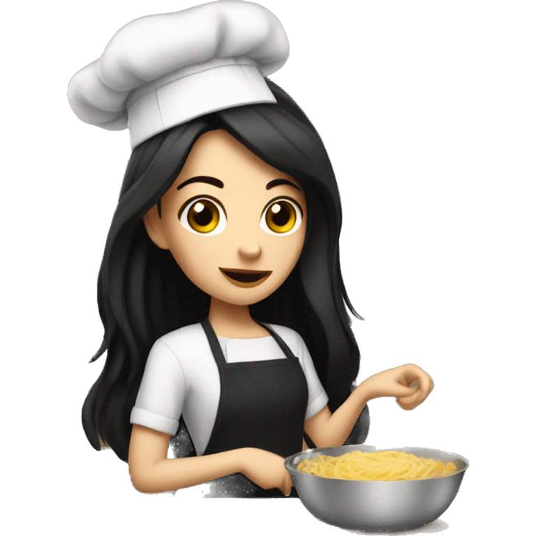 Pale girl with long black hair cooking dinner  emoji