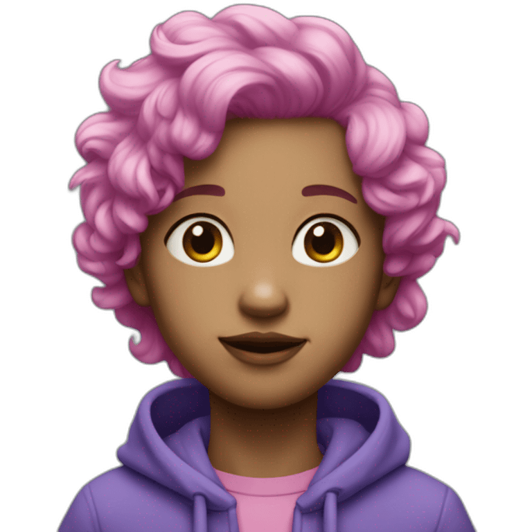 A voy whit purple skin AND pink hair, 3 pink eyes AND Green AND blue swetter emoji