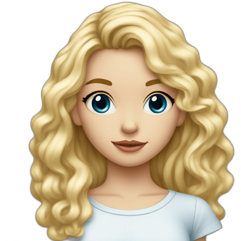 Fille blonde ,cheveux bouclé détaché long jusque au millieu du dos etvolumineux,teint blanc , yeux bleu emoji