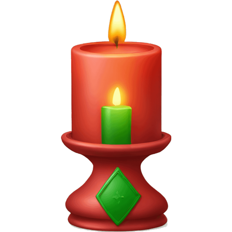 Lit candle in red holder with green details, warm and cozy emoji