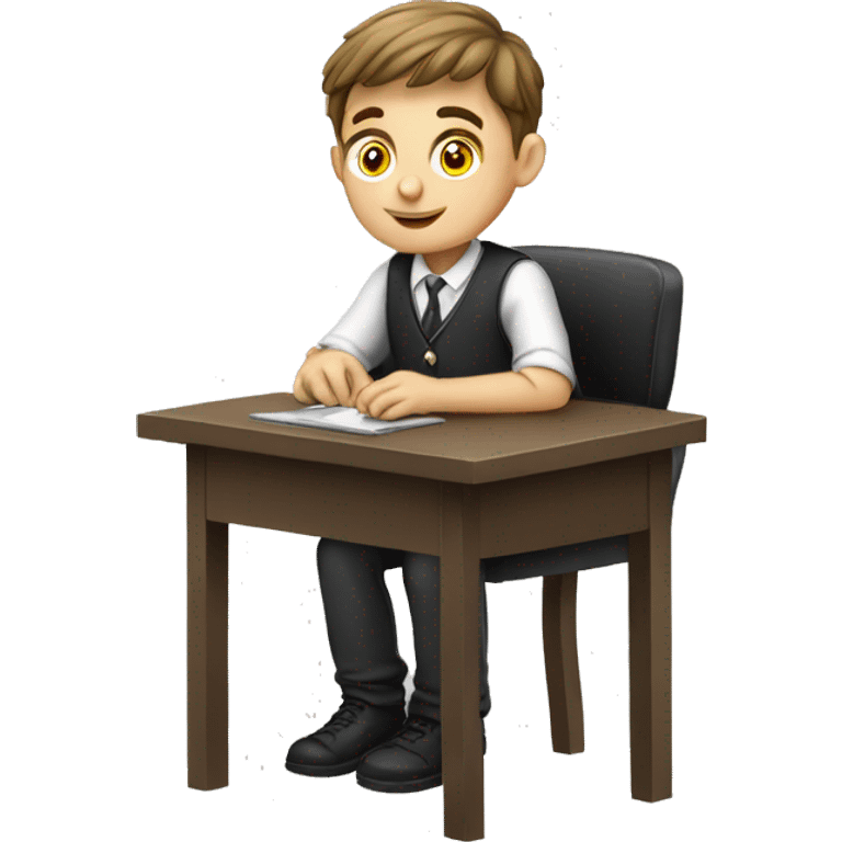 European schoolboy sitting at desk, working at computer emoji