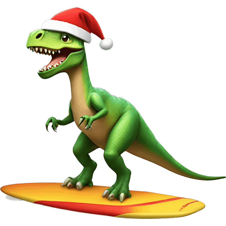 Dinosaur riding a surfboard wearing a Santa hat emoji