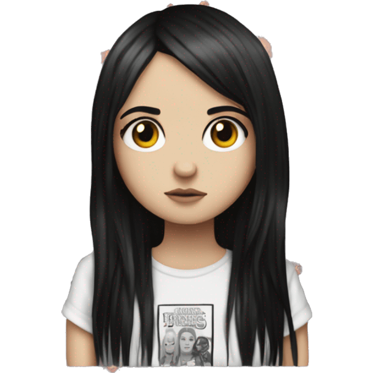 white emo girl with hazel eyes and stranger things shirt that is emo with long black hair  emoji