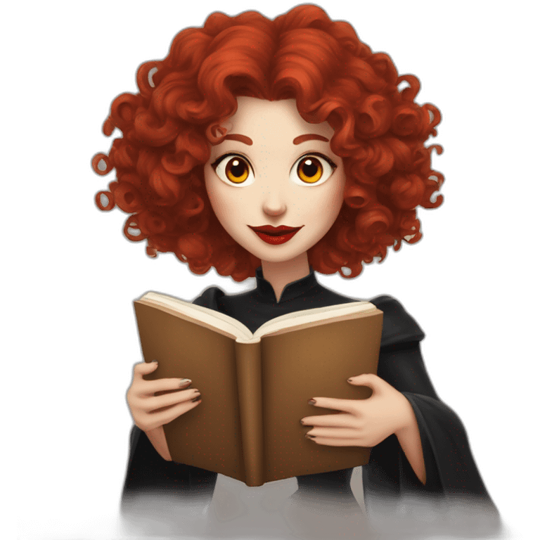 a witch with red lips, red curly hair to the shoulders reading a book and drinking a cup of coffee emoji