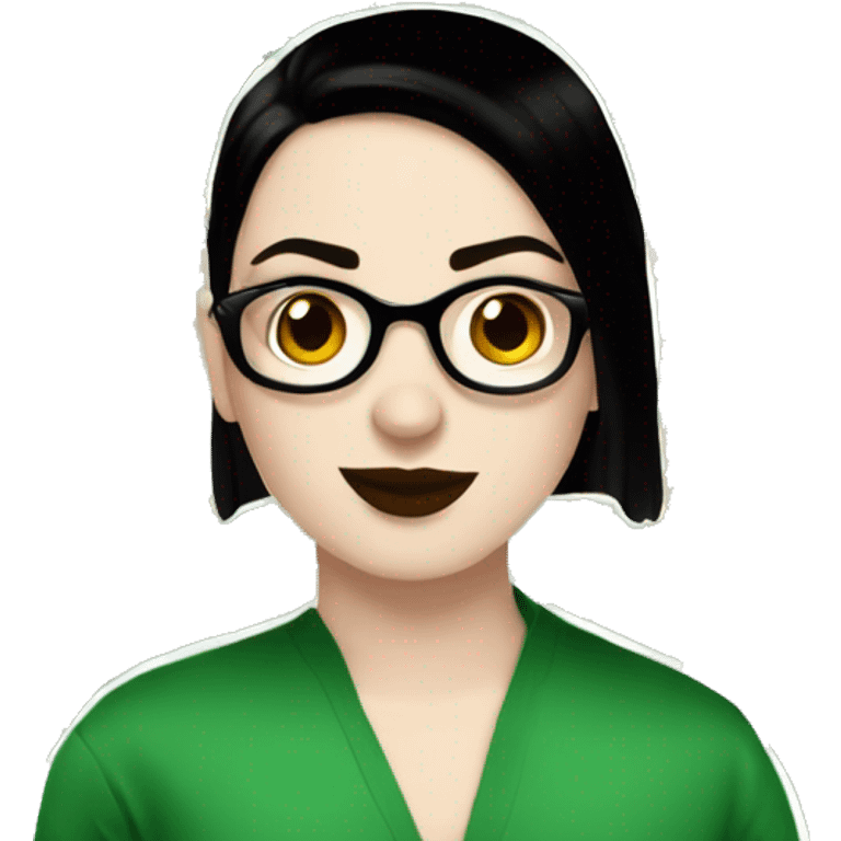 White girl in a green kurta with flower design, glasses, alot of piercing, gay, red lips, nose ring, full body, short straight black edgar hair, black straight hair emoji