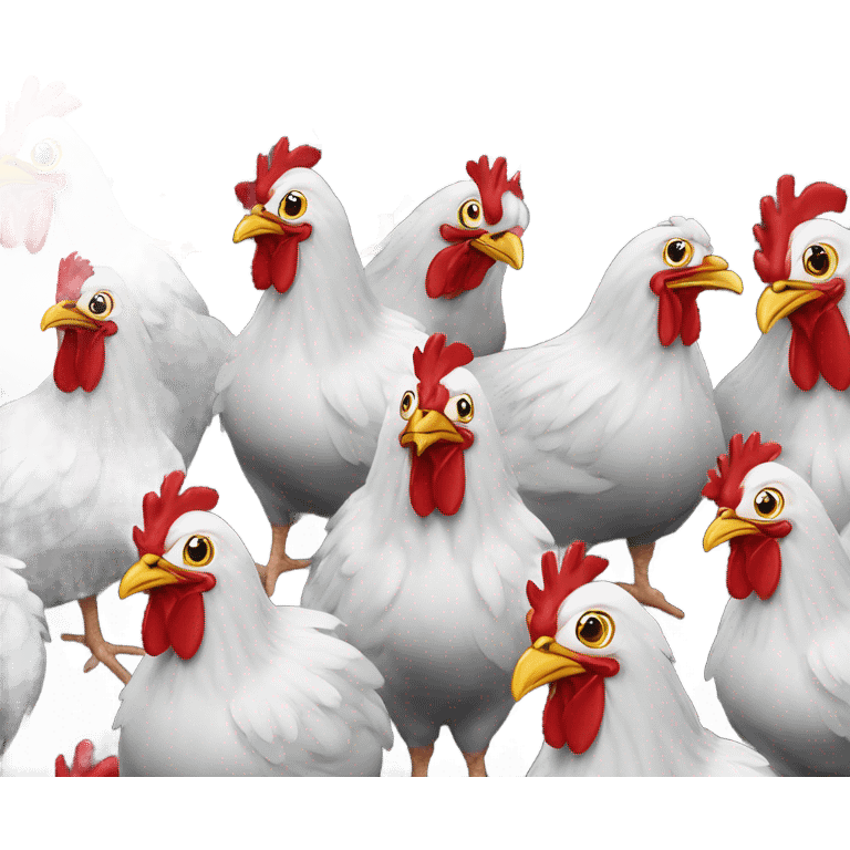 one white chicken with red gobble. two grey chickens with red gobbles. two black and white striped chikens with red gobbles and a brown chicken with some yellow feathers and red gobble emoji