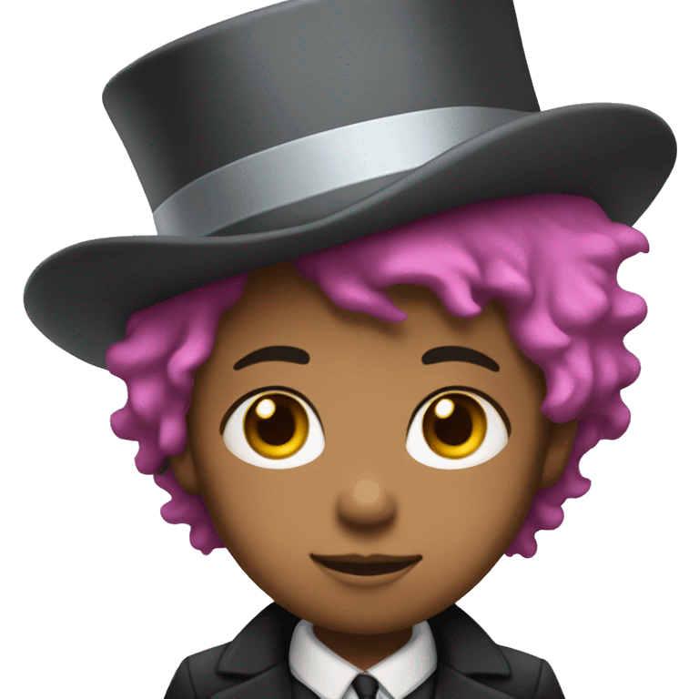 Nonbinary kid with rainbow hair with brown eyes and eyelashes and very light Brown skin.  and top hat  emoji