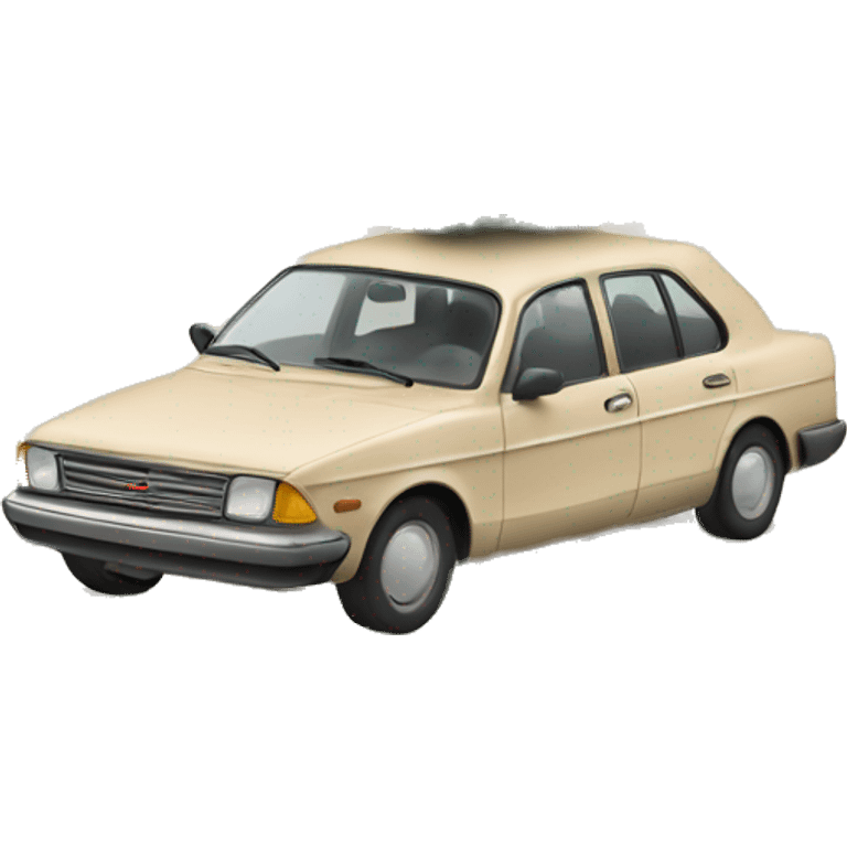 Beige nostalgic car with christmas tree laying on the roof emoji