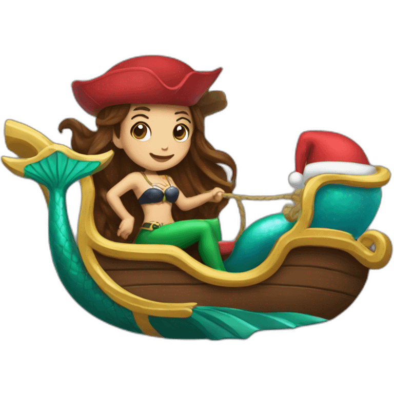 Brown haired mermaid and woman pirate in Santa’s sleigh emoji