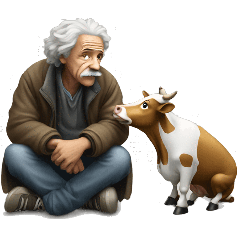 homeless begging son of einstein and cow emoji