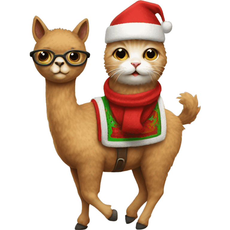 Cat wearing a Santa hat riding an alpaca emoji