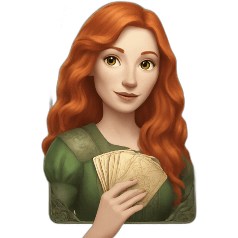 redhead white woman medium long straight hair, holding a tarot card in her hand emoji