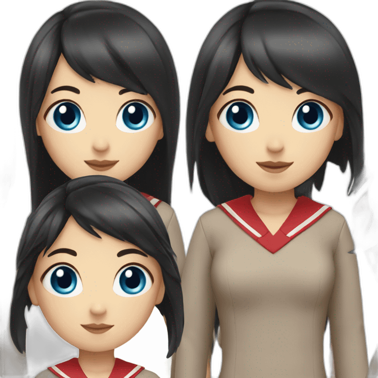 girl with long black hair, thick bangs, blue eyes, red school uniform emoji