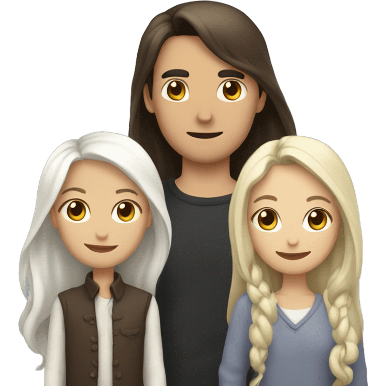  a woman with long brown hair, a man with white hair and a round face, and a young girl with long black hair standing between them, representing a family unit emoji