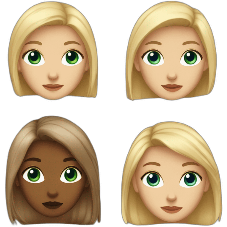 a girl with medium length blonde harl and blue eyes, a tan girl with medium length dark brown hair and dark eyes and a girl with long blonde hair and green eyes emoji