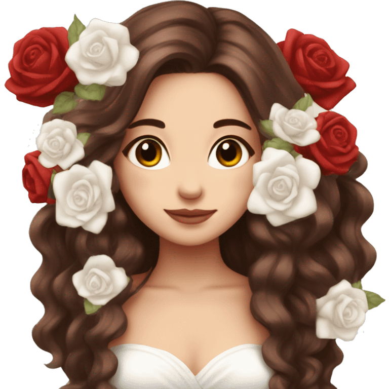 Beautiful, rose, red, flowers in hair, long dark brown hair, white fair skin emoji