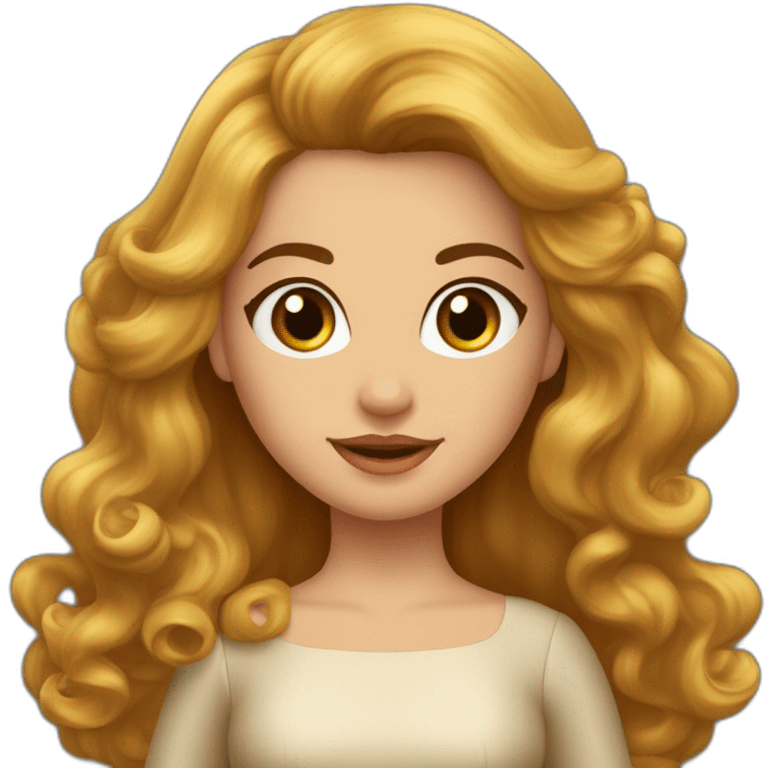 una princesa de tes blanca cabello largo color cobrizo con ondulaciones en las puntas del cabello ojos grandes color castaño con corona y vestido amarillo emoji