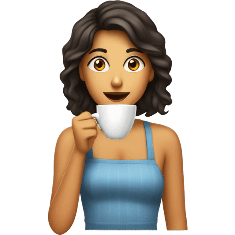 chica morena tomándose un cafe relajada emoji