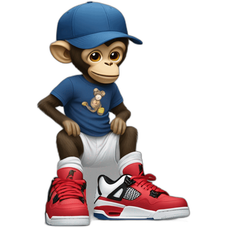 Monkey wearing Jordan 4 on its  feet  with a bunch of Nike clothes  with a Nike hat emoji