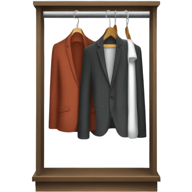 Design an emoji-style icon of an open wardrobe with clothes hanging inside. Include details like a wooden frame, hangers, and only black or white different clothing items such as shirts or any other clothing . Use a clean and minimalistic design. emoji