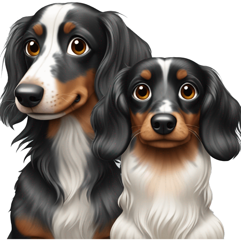 Two Tri Black Merle long haired Dachshunds together emoji