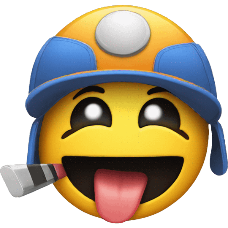 Emoji sacando la lengua con gorra y un dedo apuntando hacia la cara emoji