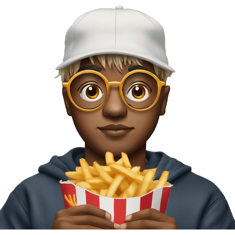 Juice WRLD holding fries wearing a grandad cap and circle frame glasses emoji