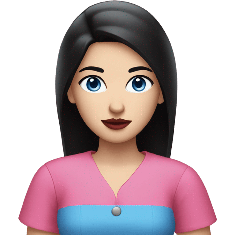 A girl with pale skin, long straight black hair parted in the middle and blue eyes, with bright red lips and a pink shirt  emoji