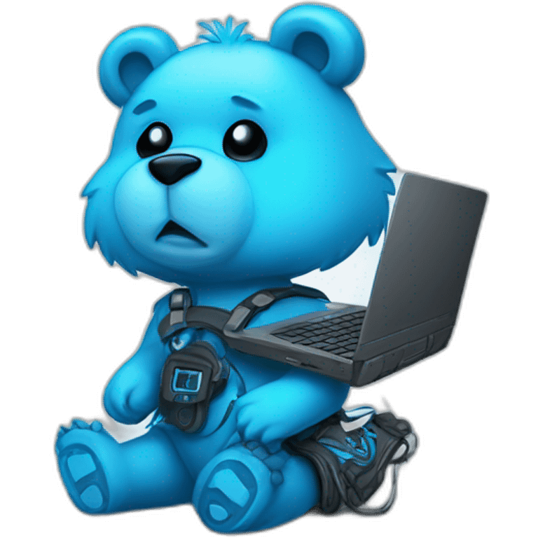 little blue neon punk bear with broken toy laptop emoji